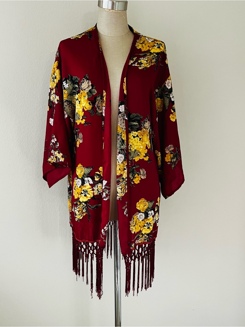 Say What? Burgundy Floral Fringe Open-Front Kimono